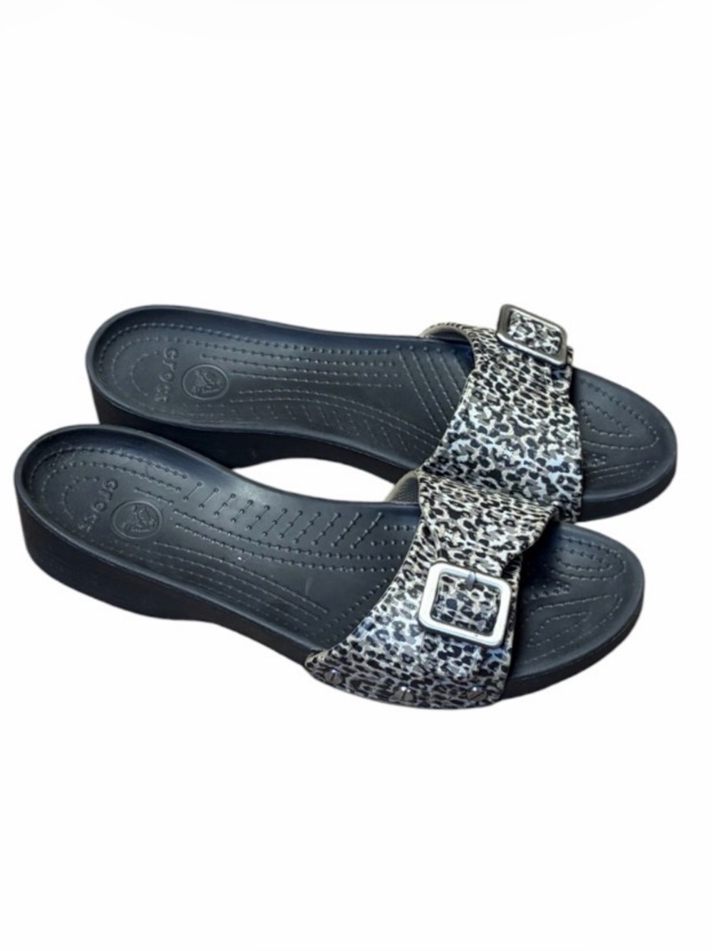 Crocs Sarah Leopard Print Slides Womens 10 Black Beige Buckle Sandals - Picture 1 of 10